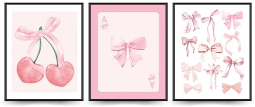 ETVISO Preppy trendiga rosa rosetter väggkonsttryck set med 3, kokettrumsdekor för flickrum, rosa rosetter körsbär väggkonst affischer för flickor sovrum vardagsrum, 20 x 25 cm (oramad)