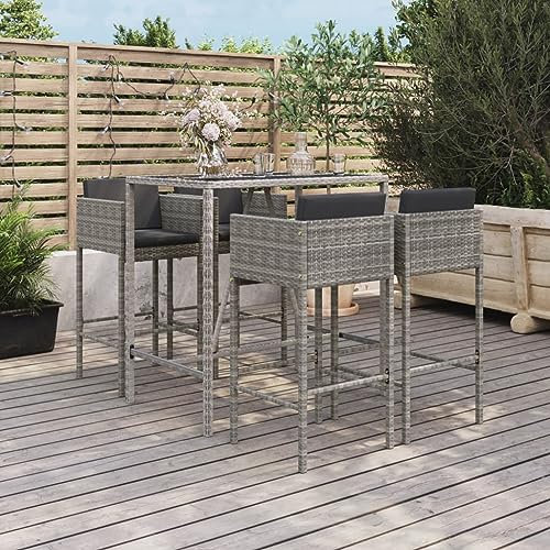 ShCuShan 5-TLG. Gartenbar-Set mit Kissen Stehtisch Outdoor GartenmöBel Outdoor Furniture Bistrosets Grau Poly Rattan - 3200659