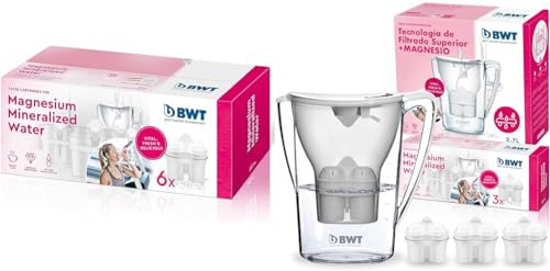 BWT - Pack 6 Filtros con magnesio - 6 Meses de uso - Potencia el sabor, reduce la cal, el cloro y las impurezas del agua & Jarra filtradora de agua 2,6L + 3 Filtros con magnesio