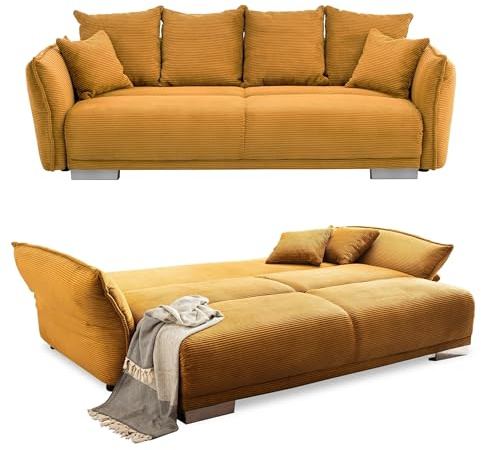 luma-Home 17213/ Big Sofa mit Schlaffunktion & Bettkasten, Gold Ockergelb | B242/T131/H90 cm, Federkern & Wellenunterfederung, Bettkasten, Armlehnenverstellung, Liegefläche 168x199 cm, Cord-Bezug