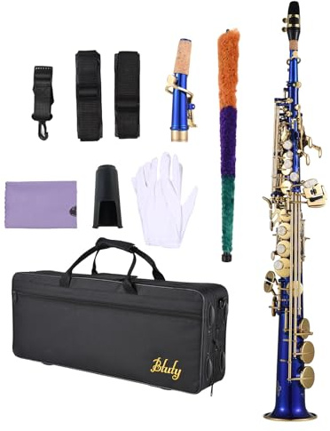 Btuty Bb Sopransaxophon aus Messing, Goldlackiert, Sopran Saxophon Set mit Mundstück, Koffer, Gurt, Reinigungsset und Handschuhen, Blasinstrument für Anfänger und Fortgeschrittene