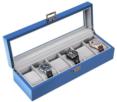 ProCase Porta Orologi Uomo in Legno a 6 Posti, Scatola Porta Orologi con Coperchio in Vetro, Custodia Orologio Portagioie Uomo Regali per la Festa del Papà/Regali per Lui -Blu reale