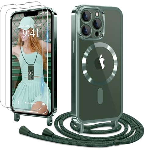 Ethanger Handyband für iPhone 13 Pro Max Hülle mit Band + 2 Stück Glas Schutzfolie Transparent Silikon Handyhülle Magnetische Schutzhülle für iPhone 13 Pro Max Grün