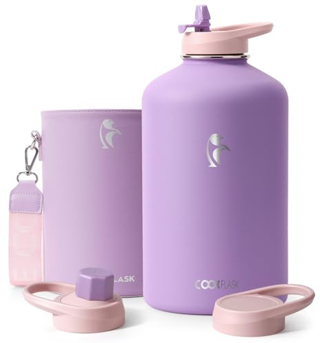 Coolflask Borraccia termica isolata con custodia in PU, bottiglia d'acqua da 3,79 litri, colore contrastante con coperchi con cannuccia, grande brocca d'acqua in acciaio inox, mantiene il