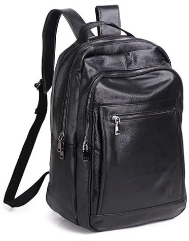 Sac à dos en cuir véritable pour homme - Sac de voyage pour ordinateur portable - Sac d'affaires ou de bureau, noir, 15.6 pouces, Tendance
