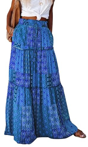 Timuspo Maxikjol dam lång elegant bohokjol vardaglig midikjol A-linje enfärgad sommarkjol kjolar med fickor elastisk hög midja strandkjol fritidskjol, Bohemisk mörkblå, M