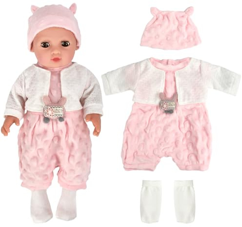 Puppenkleidung 35-43 cm, Kleidung Outfits für Baby Puppen, Puppenkleidung Set, Baby Puppe Kleidung, Puppe Zubehör mit Baby Langarm Bodys, Hut, Socken, Mantel