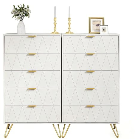 UEV Kommode 2er Set,120 x 34 x 110 cm, Schrank mit 10 Schubladen, Highboard, TV Schrank, Sideboard mit Schubladen, Schmal kommode, Beistellschrank für Wohnzimmer Schlafzimmer Flur (Weiß)