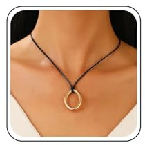 Inilbran Boho Leather Choker Necklace Black Leather Cord Choker Necklace Vintage Circle Pendant Necklace Gothic Leather Suede Necklace Short Leather Circle Necklace for Women(Gold)