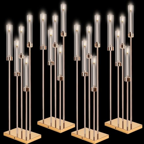 Große Kerzenleuchter Tafelaufsätze Set mit 4 Stück, 87 cm hoch, transparent, 5-armiger Kerzenhalter mit Acryl-Schattierungen, LED-Kerzenaufsatz, Hochzeitsdekoration (goldfarben)