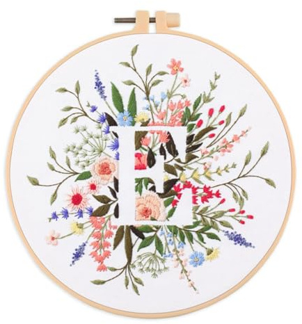 IUHUI Stickerei-Kit für Anfänger Erwachsene - 26 Blumenbuchstaben Einfache Muster, DIY Handstickerei-Set mit Rahmen (Blumen- und Grasbuchstabe E)