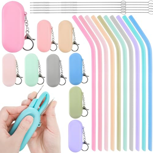 Acshio Set of 10 Silicone Straws with Case, Collapsible Angled Drinking Cruise Ships Straw with Cleaning Brushes, Reusable Foldable Travel Straws for Home, Office, 10 Colors