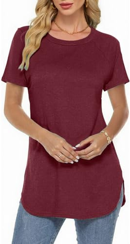 Teesho Maglietta a maniche lunghe da donna, elegante, in cotone, casual, a maniche lunghe, Manica Corta Vino Rosso, S