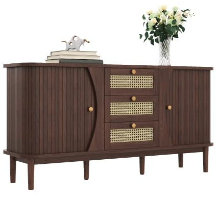 Sideboard Kommode mit 2 Schiebetüren und 3 Rattan Schubladen, Landhausstil Aufbewahrungsschrank Buffetschrank Beistellschrank für Flur, Schlafzimmer, Wohnzimmer, 140,5 x 40 x 76cm (Walnussfarbe)
