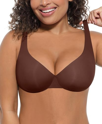 FeelinGirl Women's Minimizer Unlined Underwire Plus Size Full Coverage Wire Seamless Plunge Bra Mocca 38DD