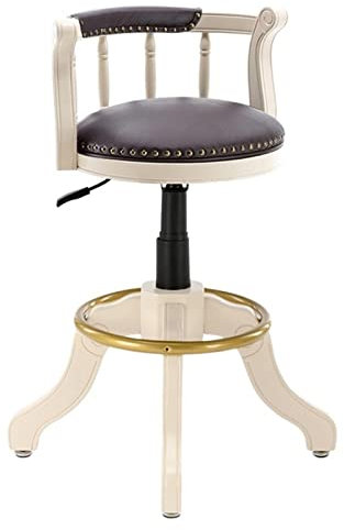 Barhocker aus massivem Holz, Retro-Stil, drehbar, mit Rückenlehne und Sitzfläche aus Rindsleder, höhenverstellbar, Thekenstuhl für Kneipe, Küche, Restaurant, Beine aus massivem Gummibaum, stilvoll und
