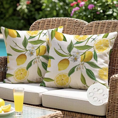 ViaElayu Outdoor Kissenbezug 50x50 cm Gelb Zitronen Kissenhüllen Outdoor Kissen Wetterfest Sofakissen Dekokissen Gartenkissen Couchkissen Frühling Sommer Deko für Wohnzimmer Bank Terrasse 2er Set