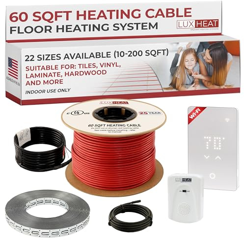 LuxHeat 60sqft Floor Heating Cable Kit - 240v Under Laminate Floor Heating Kit - Complete Infloor Heat System Includes UWG5 WiFi Programmable Thermostat w/GFCI, Heater Cable, Strapping, Sensor & Alarm