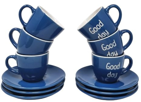 CUCUBA Set 6 Tazzine da Caffè in Ceramica Scritta Good Day con Piattini 70ml Lavabili Colore Blu