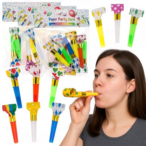 MIJOMA Party-Papiertröten 30er Set – Bunte Tröten aus Papier, ca. 8 cm – Lustige Lärmtröten für Geburtstag, Karneval, Silvester, Kinderparty & Events