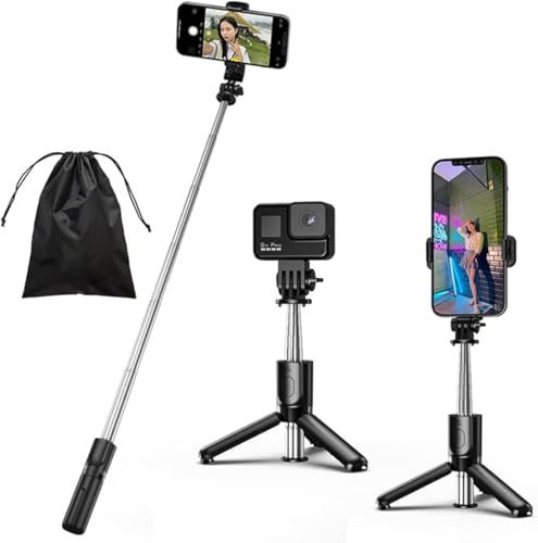 Perche à selfie avec lumière, trépied portable 4 en 1 pour iPhone avec télécommande sans fil amovible, compatible avec iPhone 16/15 Pro Max/15/14 Pro/14/13, GoPro, Samsung, LG, Google (noir, 72 cm)