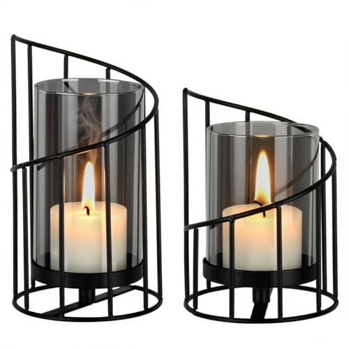 TMBMLPP 2er Set Windlicht Kerzenständer Schwarz,Kerzenhalter Metall Windlicht,Metall Deko Kerzenleuchter für Outdoor Esstisch Dekoration Wohnzimmer Bad Garten,Kreativ Vintage Kerzen Ständer