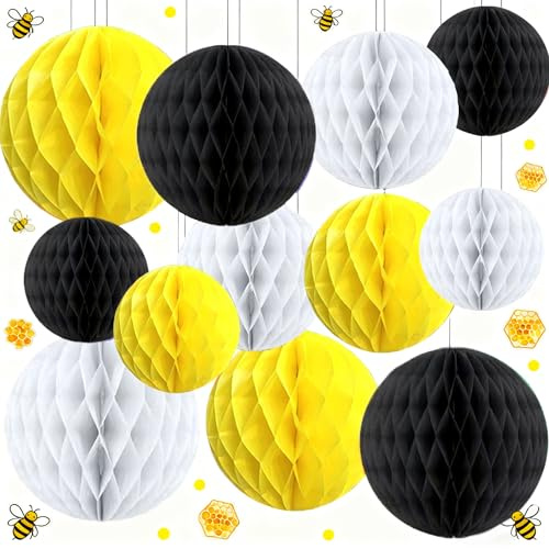 Capesaro 12pcs Black Yellow White Hanging Honeycomb Balls Decorations,Hanging Tissue Paper Pom poms Flower for Bee Summer Party Decoration(6 8 10 Yellow Black Set)