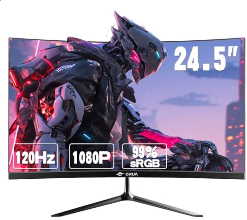 CRUA Ecran Gaming 24.5 120Hz Courbé 2800R - Moniteur PC Full HD IPS - Temps de Réponse 1ms Freesync, Couleurs 100% sRGB, Protection des Yeux - Écran PC Bureau et Divertissement avec Ports HDMI VESA