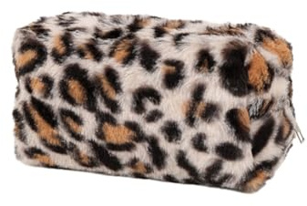 Sminkväska 17 x 8 x 10 cm makeupväska leopard sminkväska fuskpäls kulturväska pennfodral för resor dagligen, Beige, 17*8*10cm