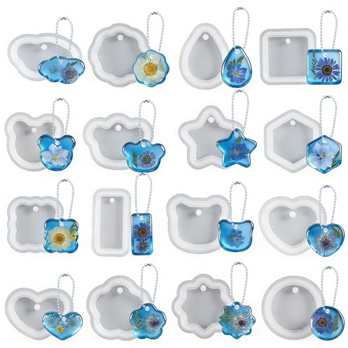 Juibao epoxiharts formar hänge set, 16 stycken olika silikonformar harts med 20 kulkedjor, gjutformar silikon, epoxiharts för nyckelringar, hänge, smycken, gör-det-själv-dekoration