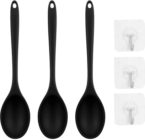 3 Stück 27.5cm Langen Griff Kochlöffel mit Haken,Antihaft Kochlöffel,Schwarz Silikon Rührlöffel,Backen Rühren Werkzeuge mit Hygienischem Design,Für Mixen, Rühren