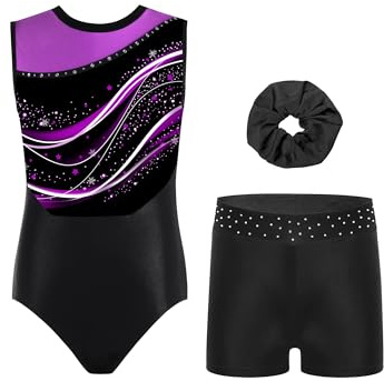 Linyuir Bambini Body Ginnastica Artistica Bambina Body Da Ginnastica Artistica Con Leggings Pantaloncini Completo Ritmica Set Di Per Ragazze Viola 13-14 anni