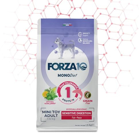 FORZA 10 MONODiet Cibo Secco per Cani Mini/Toy Adulti, Digestione Sensibile, Ipoallergenico, Pesce, Senza Cereali, 1,5 kg