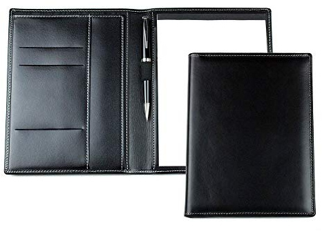 DELMON VARONE - Personalisierbare Schreibmappe DIN A5 aus Cambridge Top Grain Leder schwarz, Organizer Konferenzmappe mit Notizblock, Stiftschlaufe & Einsteckfächer, Elegante Business Orgamappe