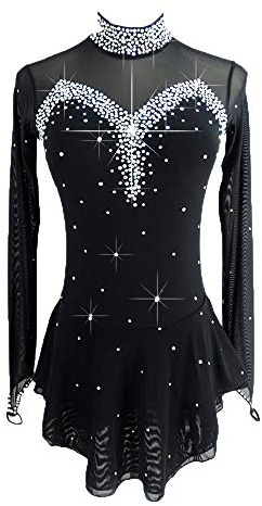 LIUHUO Black Ice Figure Skating Dress for Girls Women Backless Long-Sleeved Beaded Dresses