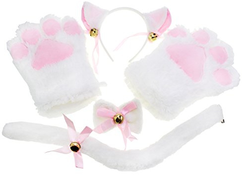 KEESIN Katze Cosplay Set, Katzenkostüm, Katzenpfoten-Handschuhe, Katzenohren, Katzenschwanz, Kiner, Damen für Karneval (Weiß)