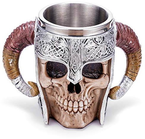 Stainless Steel Double Handle Horn Skull Beer Cup, Viking Warrior Skull Mug Tankard, Medieval Drinkware Mug for Coffee/Beverage/Juice 17oz.