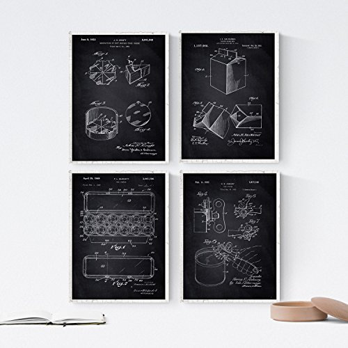 Nacnic BLACK - Pack of 4 sheets with PATENTS MEAL. Set posters with inventions and old patents. Choose the color you like. Printed on 250 grams