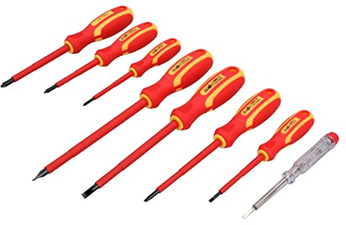 VDE Insulated Electrical Screwdrivers + Mains Tester Phillips Flat 8pc