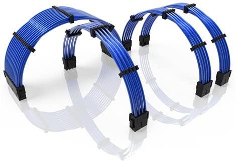 LINKUP - 30cm PSU PC Power Extension Cable Metallic Sleeved Silicone Coated Soft & Flexible to Route Custom Mod GPU & CPU w/Comb Kit | 1x 24P (20+4) | 1x 8P (4+4) CPU | 2x 8P (6+2) GPU | 300mm - Blue