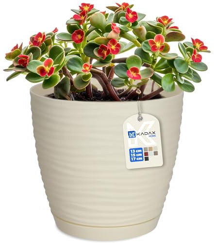 KADAX Pot de Fleurs en Plastique avec Soucoupe, Cache-Pot Moderne Ornée d'un Élégant Motif Ondulé pour Une Décoration Florale (Ronde, Crème, 17 cm)