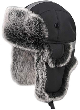 Insun Unisex Fliegermütze mit Sicherheit Reflexstreifen Trappermütze Warme Kunstfell Mütze Wasserdicht Winddicht Schwarz 2 L