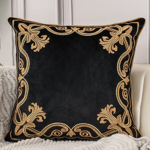 Aeckself Housse de coussin florale européenne décorative et raffinée, brodée en velours, pour canapé, chambre à coucher, salon, 40,6 x 40,6 cm, noir et doré