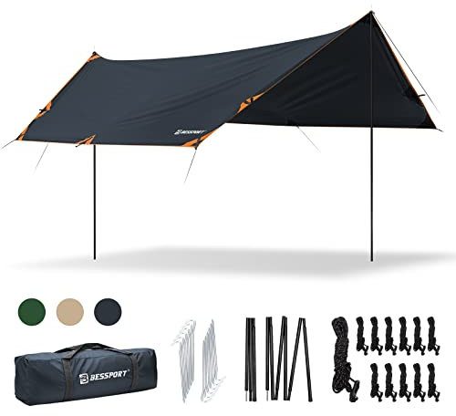 Bessport Camping Tarp, 16×9.8FT with 2 Poles, Lightweight Car Awning Sunshade, Portable Multifunctional Backpacking, PU 3000mm Waterproof Rain Fly Hammock Tarp for Outdoor,Traveling, Hilking