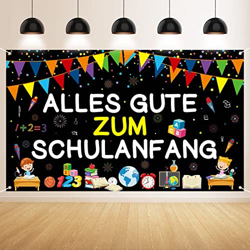 GRESATEK Schulanfang Banner Deko - Schwarz Alles Gute Zum Schulanfang Hintergrund und Endlich Schulkind Extra Großes Einschulung Photo Booth Dekoration für Drinnen und Draußen