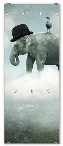 banjado® Wandgarderobe aus Echtglas/Design Garderobe 50 x 125 cm groß/Flurgarderobe mit 7 Haken/Beschreibbares Garderobenpaneel Motiv Elefant und Möwe