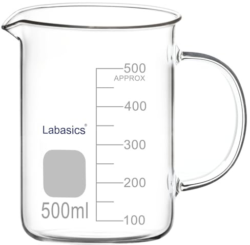 Labasics Glass Beaker, G3.3 Borosilicate Laboratory Grade Glass Graduated Beaker Transparent Measuring Beaker Cup Low Form Griffin Beaker with Handle and Spout, 500 ml
