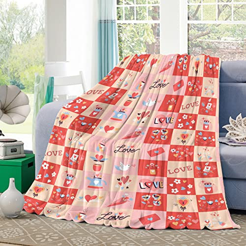 Decke Love's Day Theme Birds Love Plaid Red Pink Sweet Splicing Check Superweiche Kuscheldecke Falten Beständig Sofaüberwurf Decke Für Couch Sofa Geburtstag 60x50