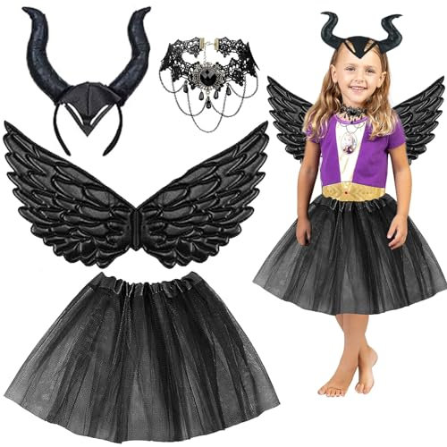 4 Stück Königin Hörner Kinder Kostüm, Halloween Maleficent Hörner mit Schwarz Teufelflügel Tutu Gothic Spitzen Halskette Hörner Kopfschmuck, Mädchen Hexenkostüm Hörner Kopfschmuck Maleficent Cosplay
