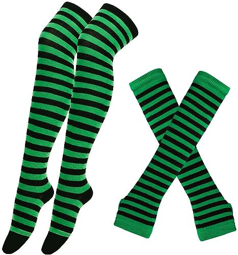 Gestreifte Kniestrümpfe Damen, mit Armstulpen Lange Strickhandschuhe Fingerlose Handschuhe Set Overknee Oberschenkel Baumwolle Gestreifte Schenkel Socken Thigh High Socks Beinwärmer Party Kostüm